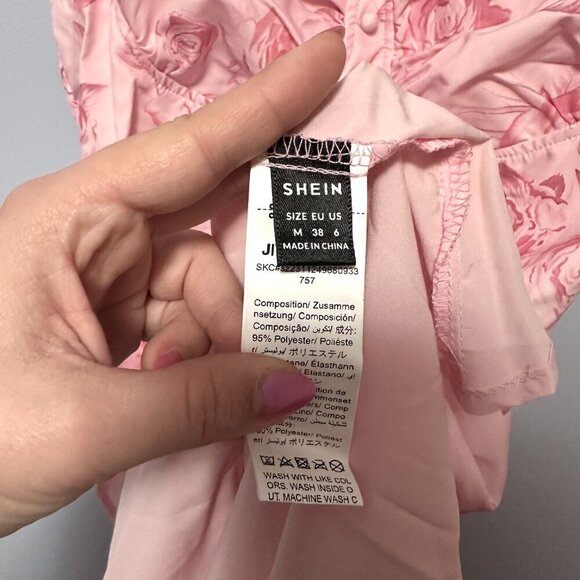 SHEIN Women's Mini Dress Medium Light Pink Roses Bustier Strappy Rutched Floral - Picture 8 of 8